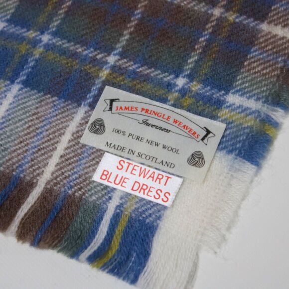 VTG James Pringle Weavers 100% New Wool Scarf Made in Scotland Blue Brown Plaid - Picture 2 of 7
